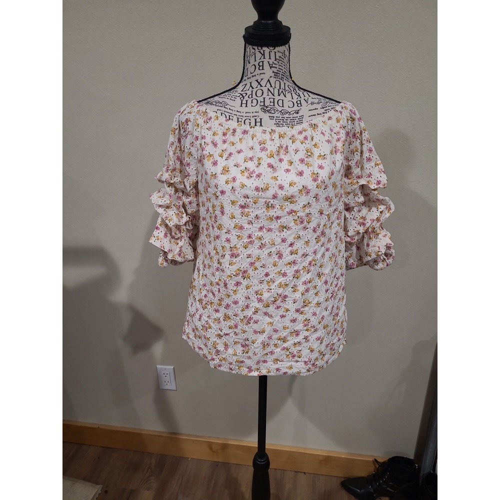CeCe floral print blouse ruffle sleeve on/off shoulder Women‎ SZ M cottage core